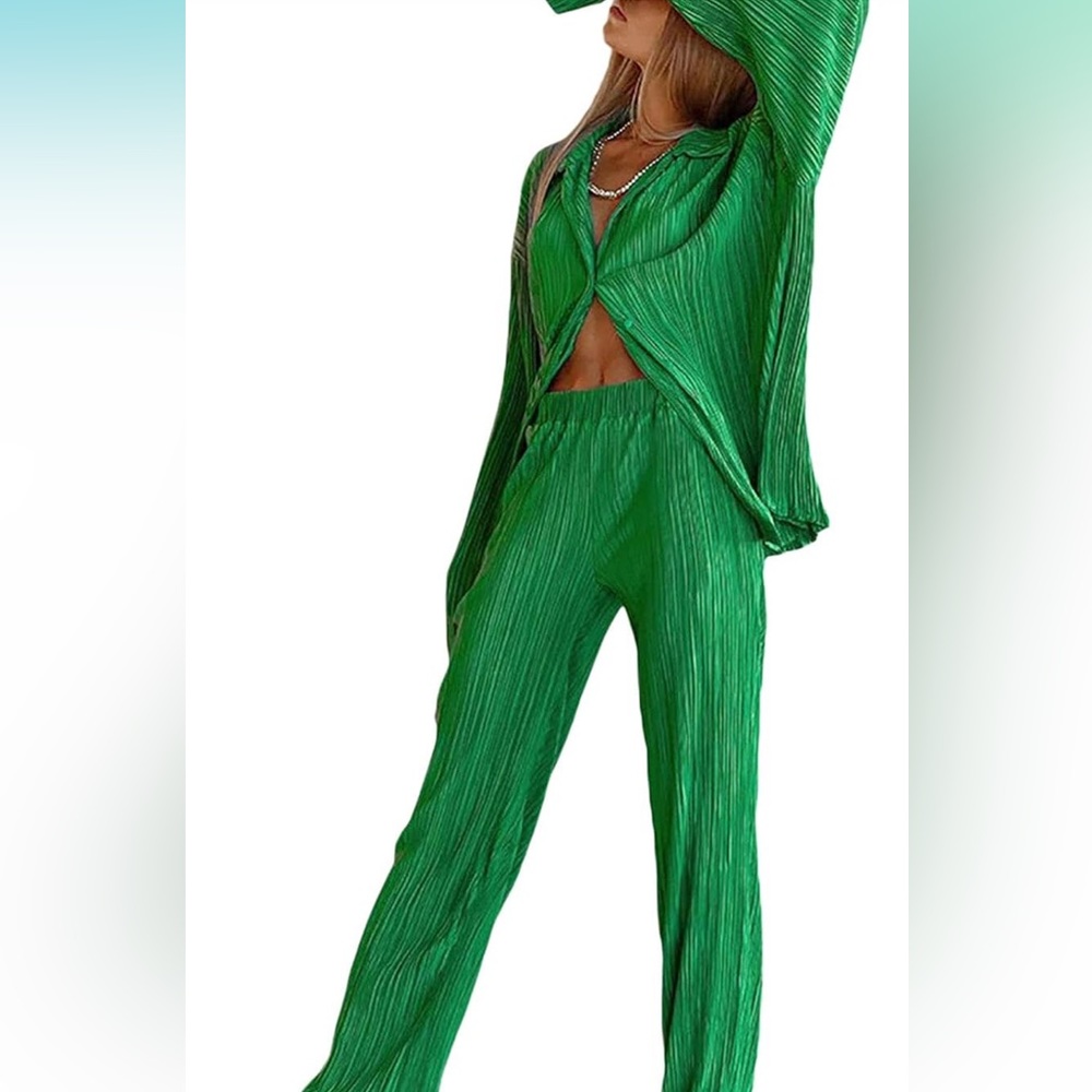 Green Button Up and Pants Two Piece Set